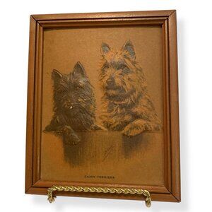 VTG Janice Fleming Cairn Terrier Dogs Framed Print Primitive Wood 5.5" X 5.5"
